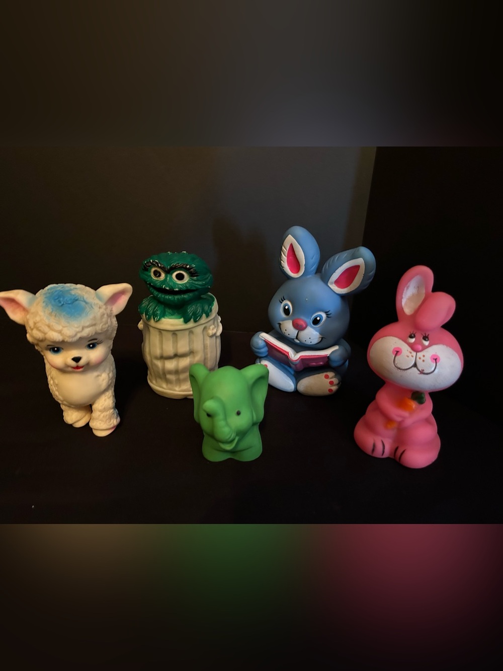 Vintage Baby Rubber Squeak Toy Lot of 5 Mixed Oscar Grouch Lamb Elephant Rabbits